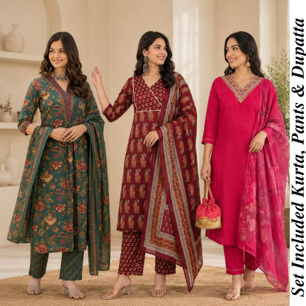 Women's Cotton Printed Kurta With Dupatta Sets (N-4)