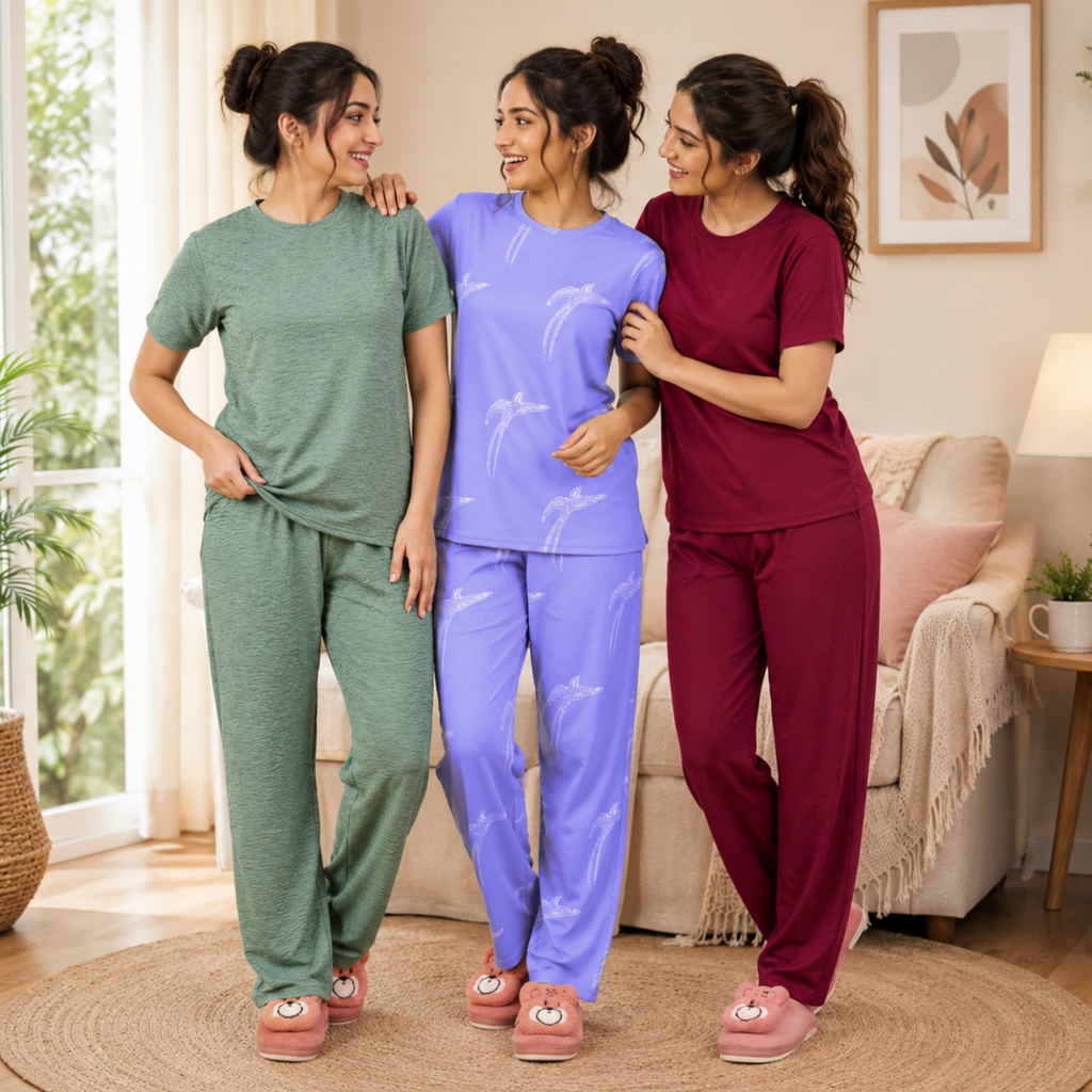 Women 3 T-Shirts With Trousers (T-3)
