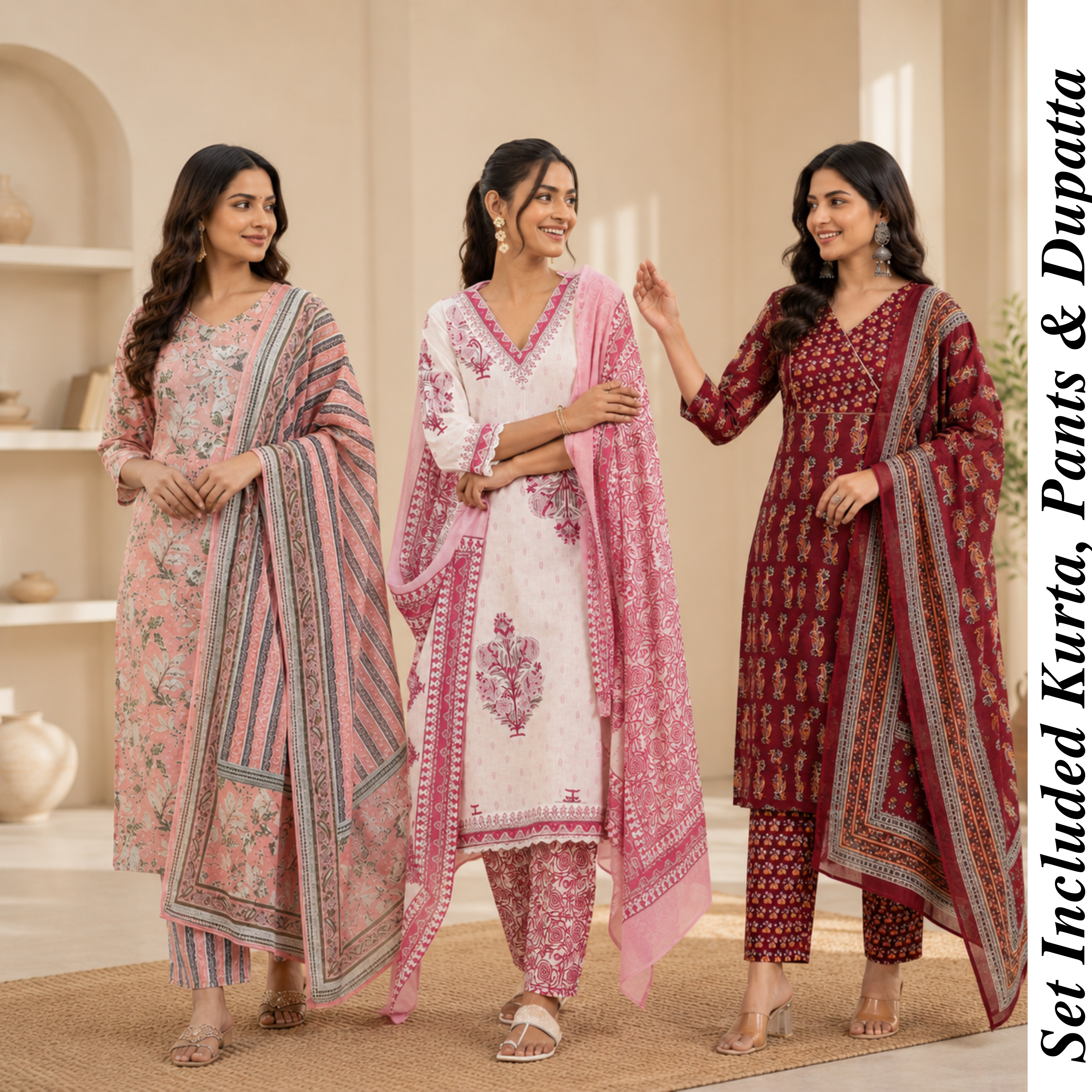 Women's Cotton Printed Kurta With Dupatta Sets (N-6)