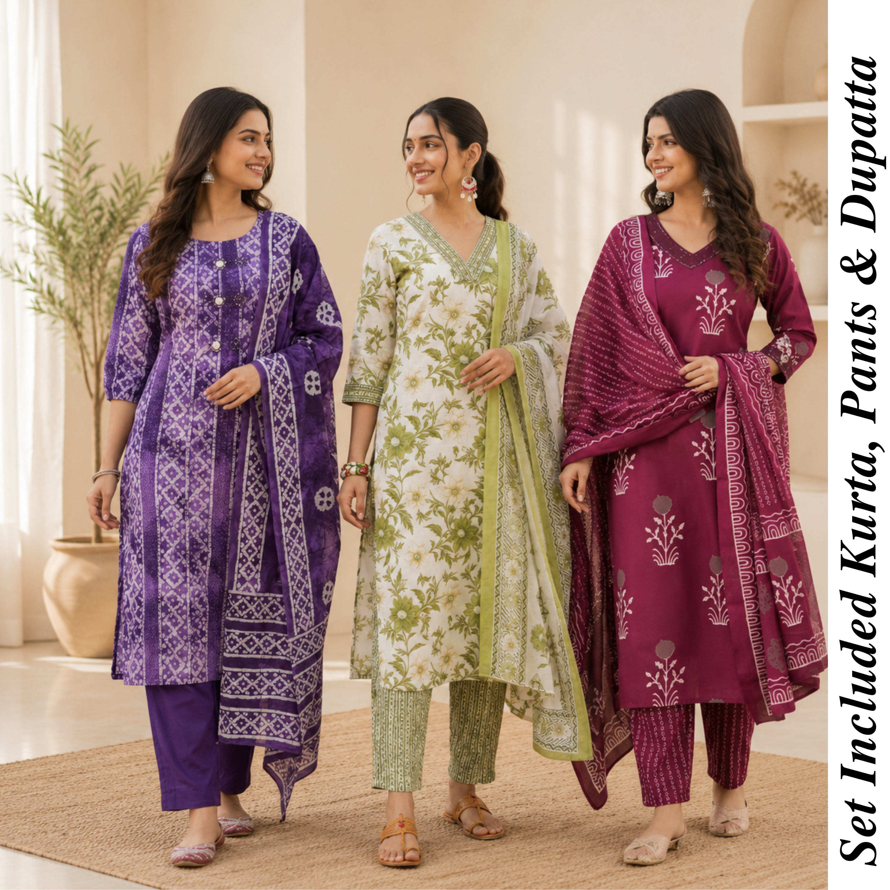 Women's Cotton Printed Kurta With Dupatta Sets (N-7)