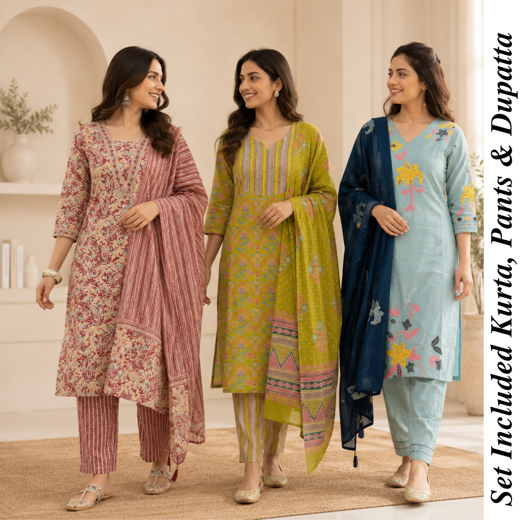 Women's Cotton Printed Kurta With Dupatta Sets (N-8)