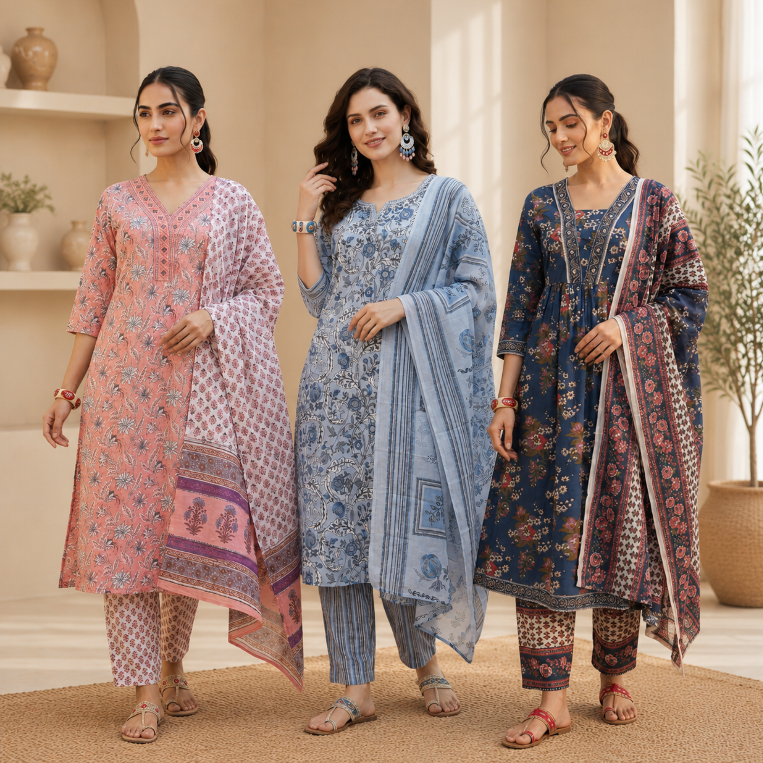 Women's Cotton Printed Kurta With Dupatta Sets (N-3)