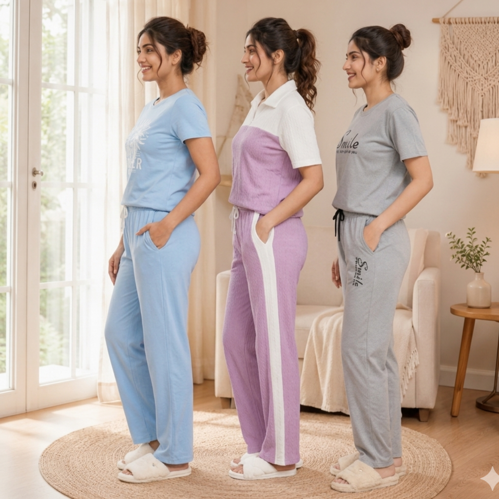 Women 3 T-Shirts With Trousers (T-8)